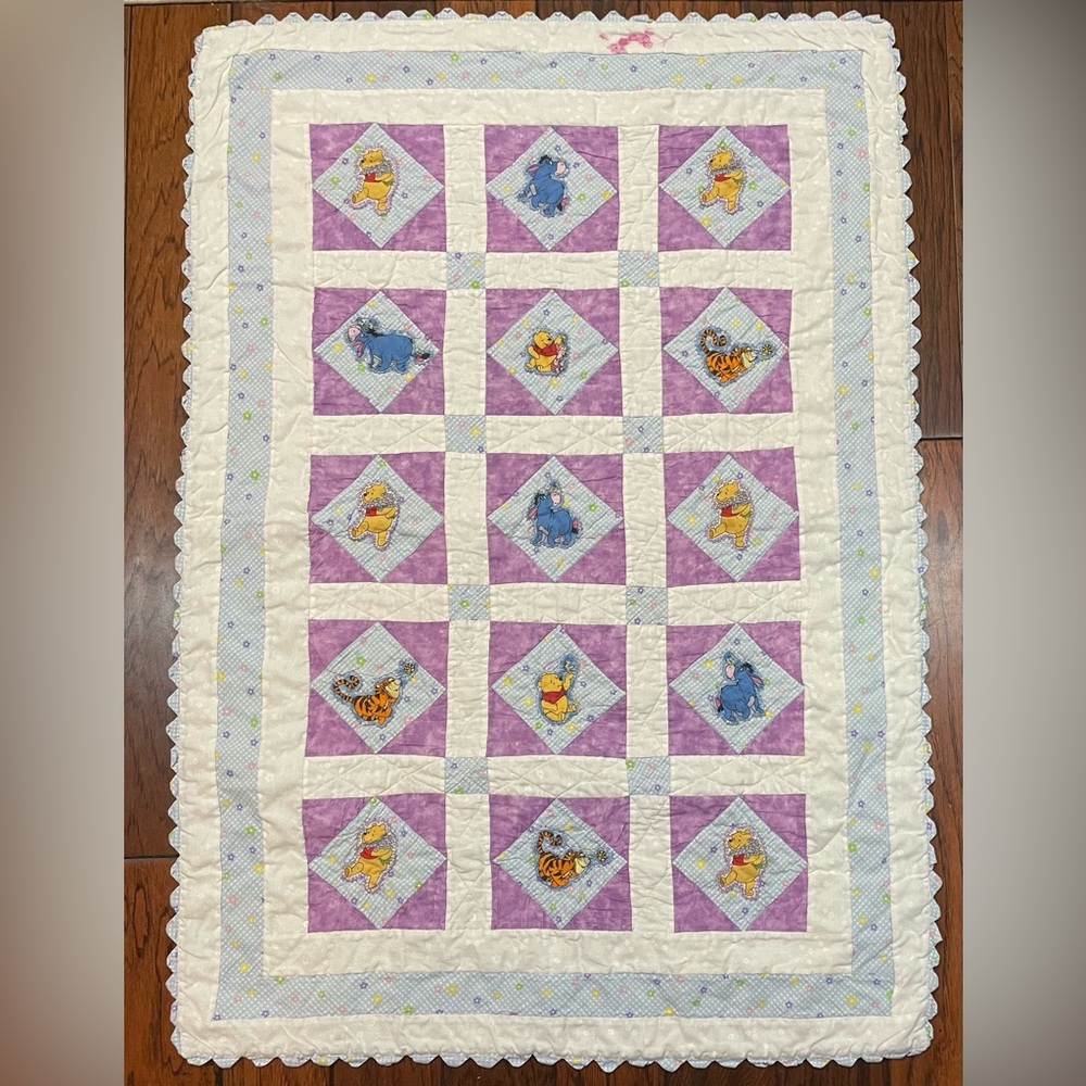Handmade Winnie Pooh Tigger Eeyore Purple Blue Baby Crib Blanket, Approx 32x47”
